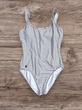 Polo Ralph Lauren Preppy Striped One Piece Swimsuit Lace Up Back Cutout Beach L